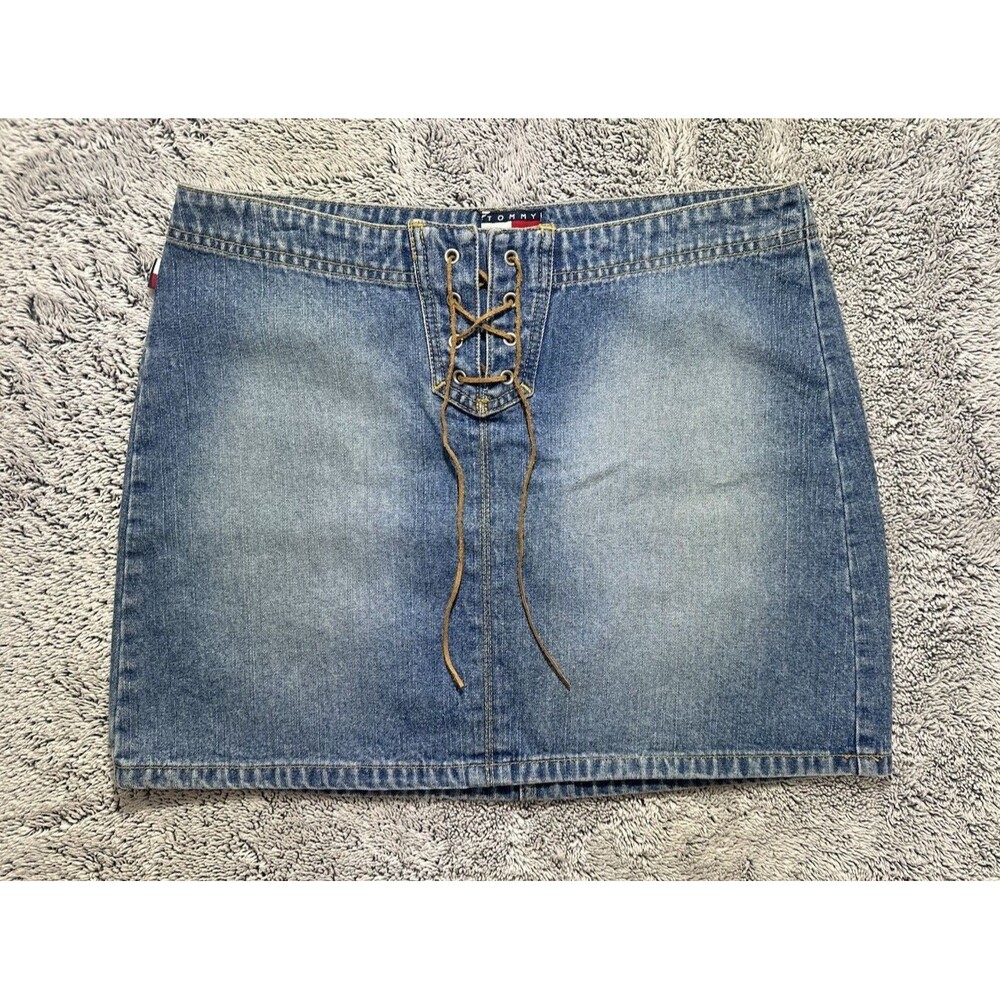 Vintage Y2K Tommy Jeans Denim Mini Skirt Lace Up Front Size‎ 7 2000s Low Rise